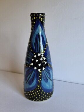 Ivanros Hand Painted 7.5" Flower Vase Blue Floral Dotted ~ Made in Spain
